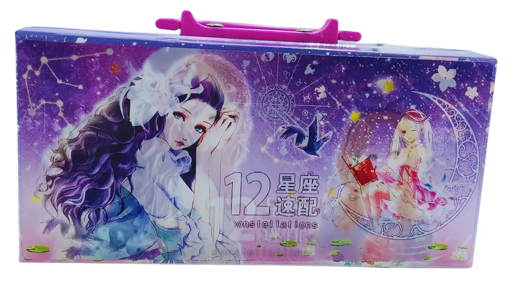 12 Constellations Anime Storage Box with Pink Handle Lock, Multi-Layer Design, Purple Theme