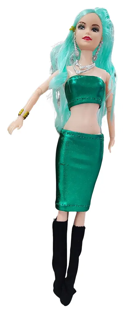 Fashion Doll with Turquoise Hair, Emerald Green Two-Piece Outfit, Silver Jewellery and Black Boots