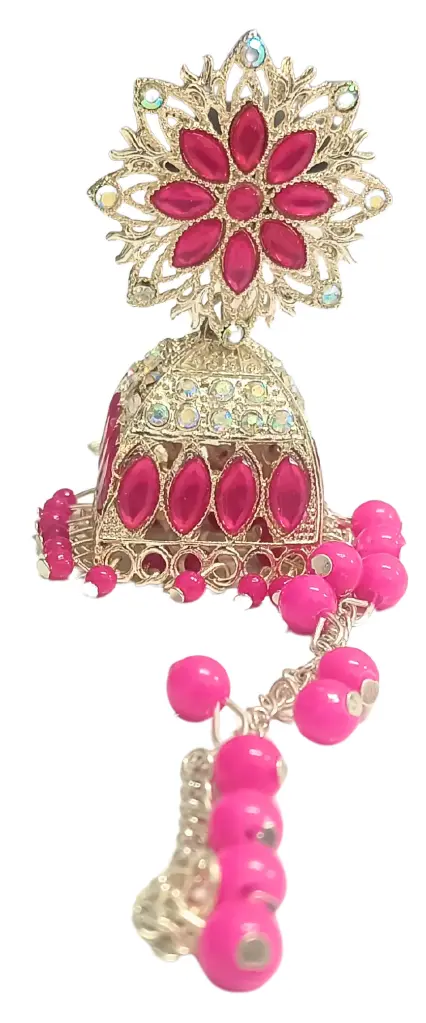 Traditional Jhumka Earrings with Pink Beads, Gold-Toned Flower Design, Crystal Accents