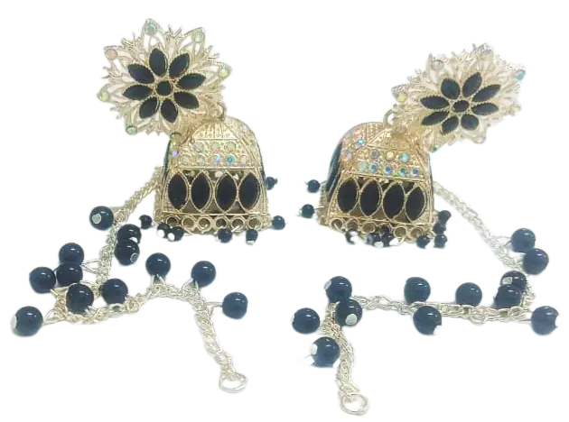 Traditional Jhumka Earrings with Black Beads, Silver-Toned Floral Design