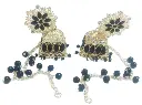 Traditional Jhumka Earrings with Black Beads, Silver-Toned Floral Design