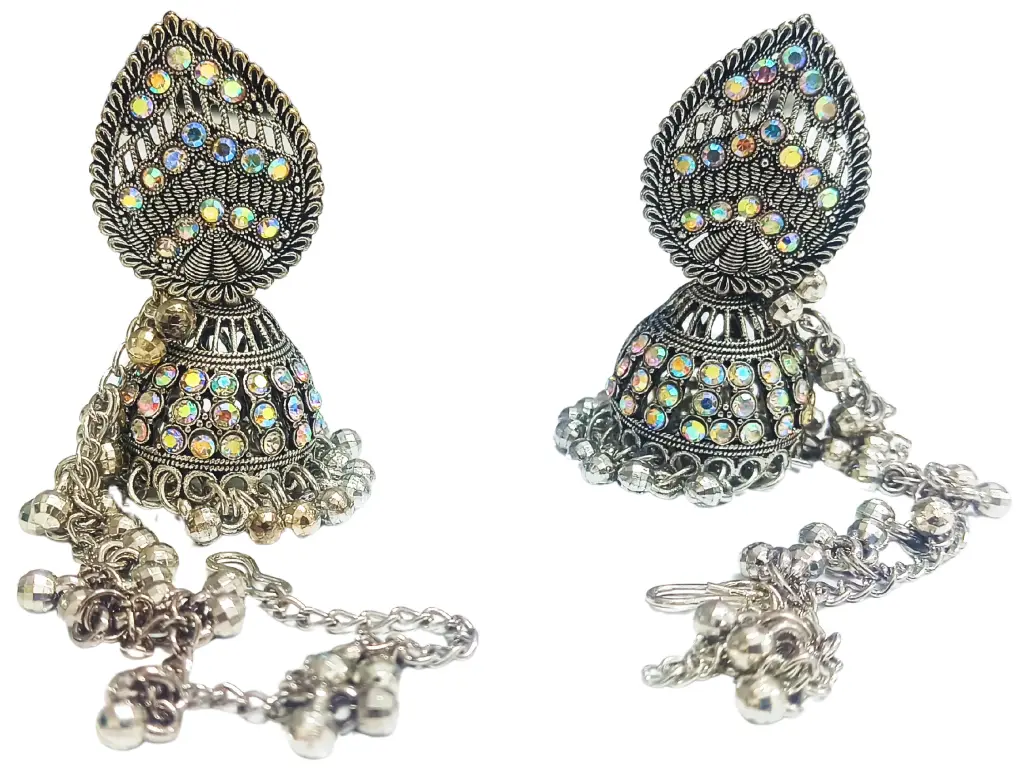 Vintage Style Jhumka Earrings with Aurora Crystals, Antique Silver Finish, Dangling Beads