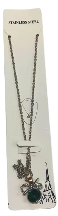 Elegant Green Crystal Pendant Necklace, Silver-Tone Stainless Steel Chain