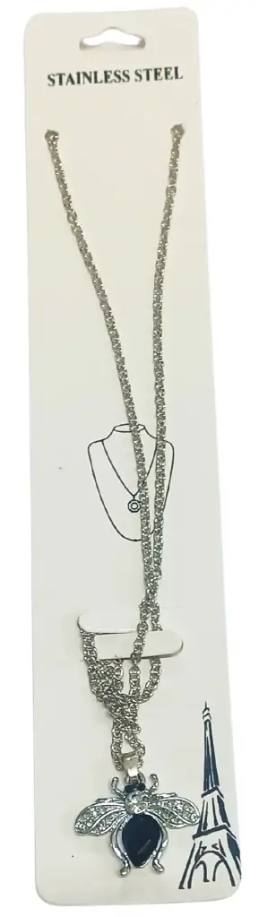 Shizuha Stainless Steel Bee Pendant Necklace with Black Crystal and Rhinestones, Silver Chain