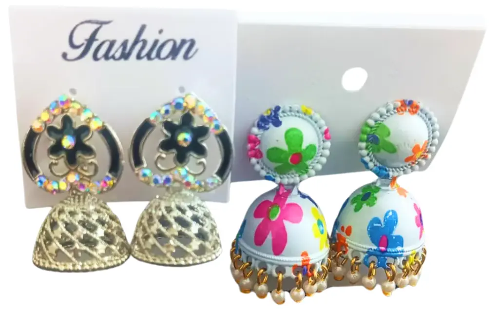 Shizuha Fashion Traditional Jhumka Earrings Set, Crystal Flower Design and Floral Print, Pearl Beaded, 2 Pairs