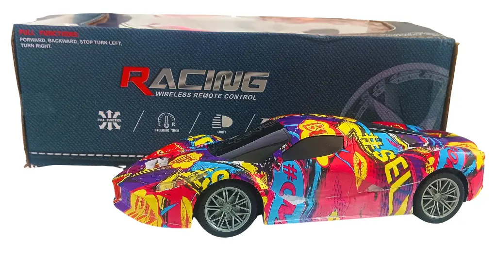 Racing RC Car with Wireless Remote Control, Graffiti Design, Full Function Sports Car with LED Lights, Forward Backward Movement, Steering Trim (000RWRC530)