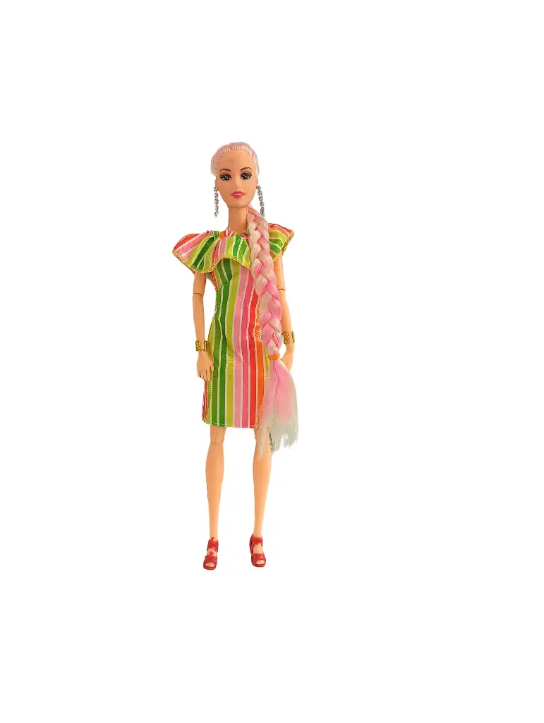 Fashion Doll in Striped Summer Dress with Pink Braid, Long Evening Gown, Red Heels