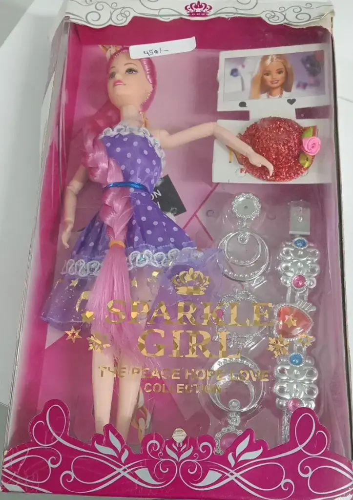 Fashion Doll with Purple Polka Dot Dress, Pink Braided Hair and Jewellery Accessories Set (ShineDoll150)