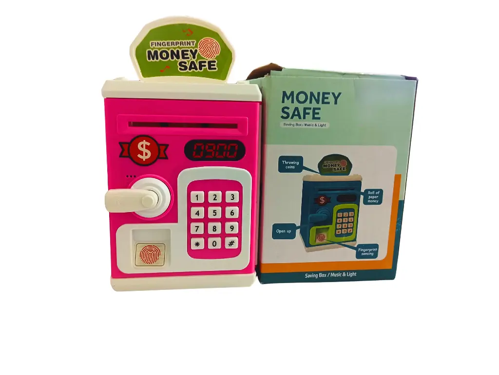 Electronic Money Safe Bank for Kids with Fingerprint Lock, Digital Display, Pink and White, Educational Piggy Bank with Keypad, Music and Light