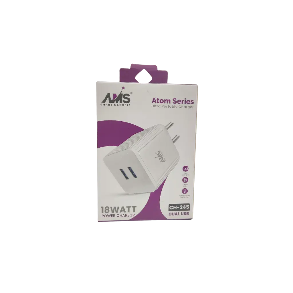 AMS Smart Gadgets Atom Series Ultra Portable Charger 18Watt Power Charegr Dual Usb Fast Charging Smart Chip Temperature Portection