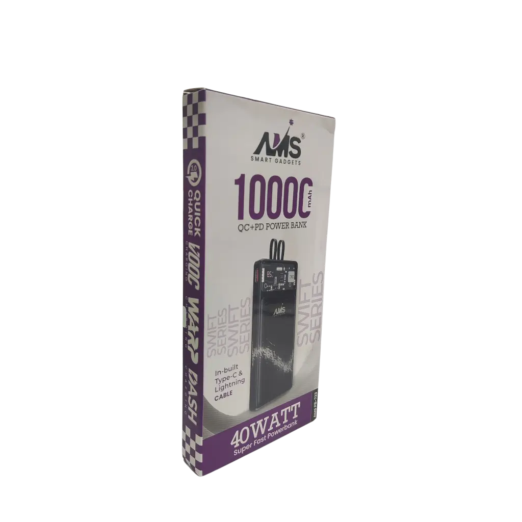 AMS 10000mAh QC+PD Power Bank In-Built Type-c & Lightning Cable 40Watt Super Fast Powerbank