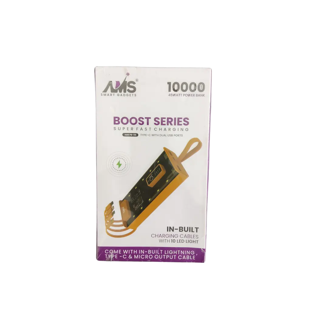 AMS Smart Gadgets Boost Series Super Fast Charging Type-c With Dual Usb Ports In-Built Charging Cables With 10 Led Light Come With In-Built Lightning , Type-c & Micro Output Cable