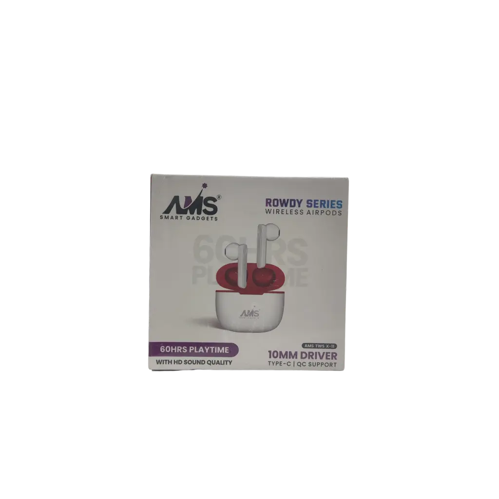 AMS Smart Gadgets Rowdy Series Wireless Airpods 60Hrs Playtime With HD Sound Quality 10MM Driver Type-C Qc Support 