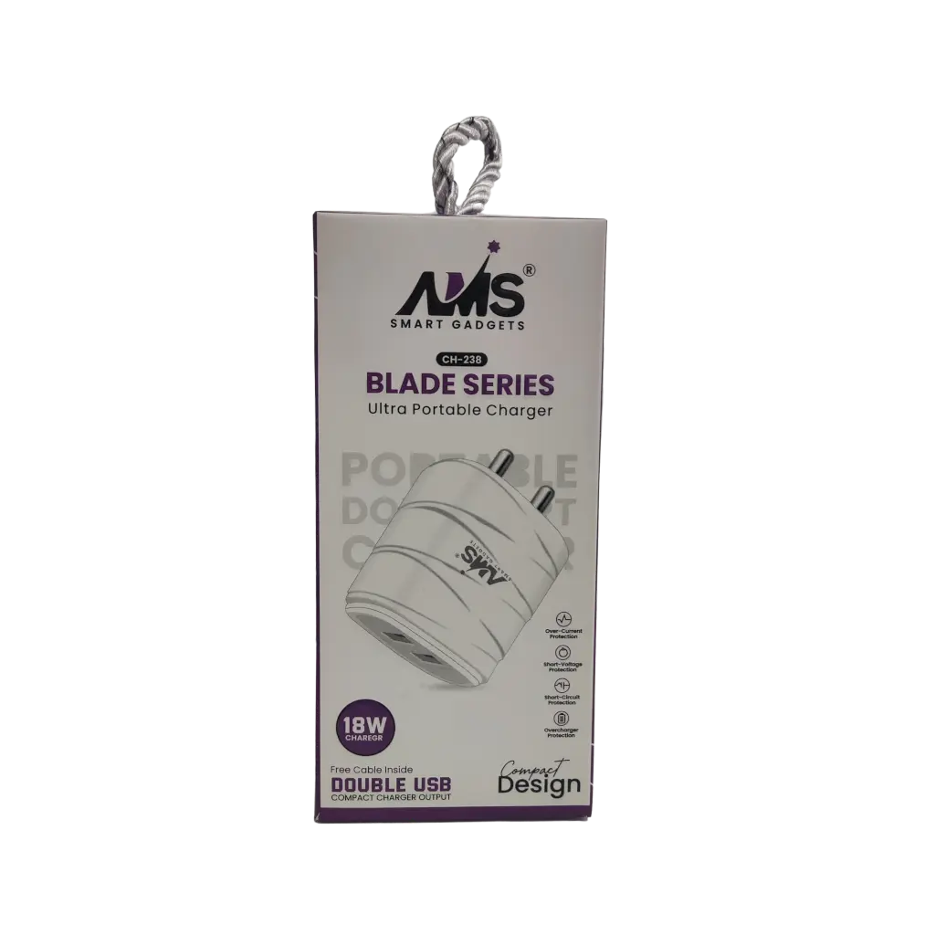 AMS Smart Gadgets Blade Series Ultra Portable Charger 18W Charger Free Cable Inside Double Usb Compact Charger Output Compact Design