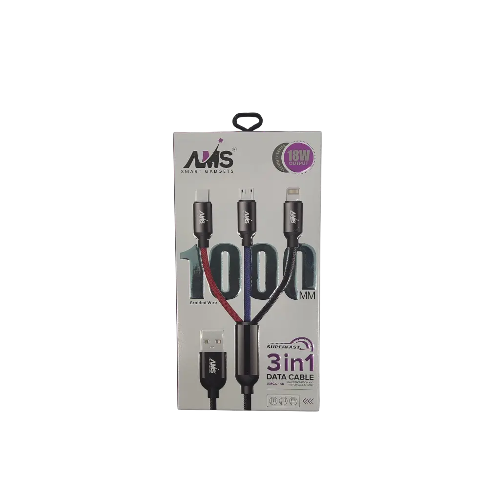 AMS Smart Gadgets 18W Output 1000MM Braided Wire Superfast 3in1 Data Cable Data Transmission And Fast Charging Cable