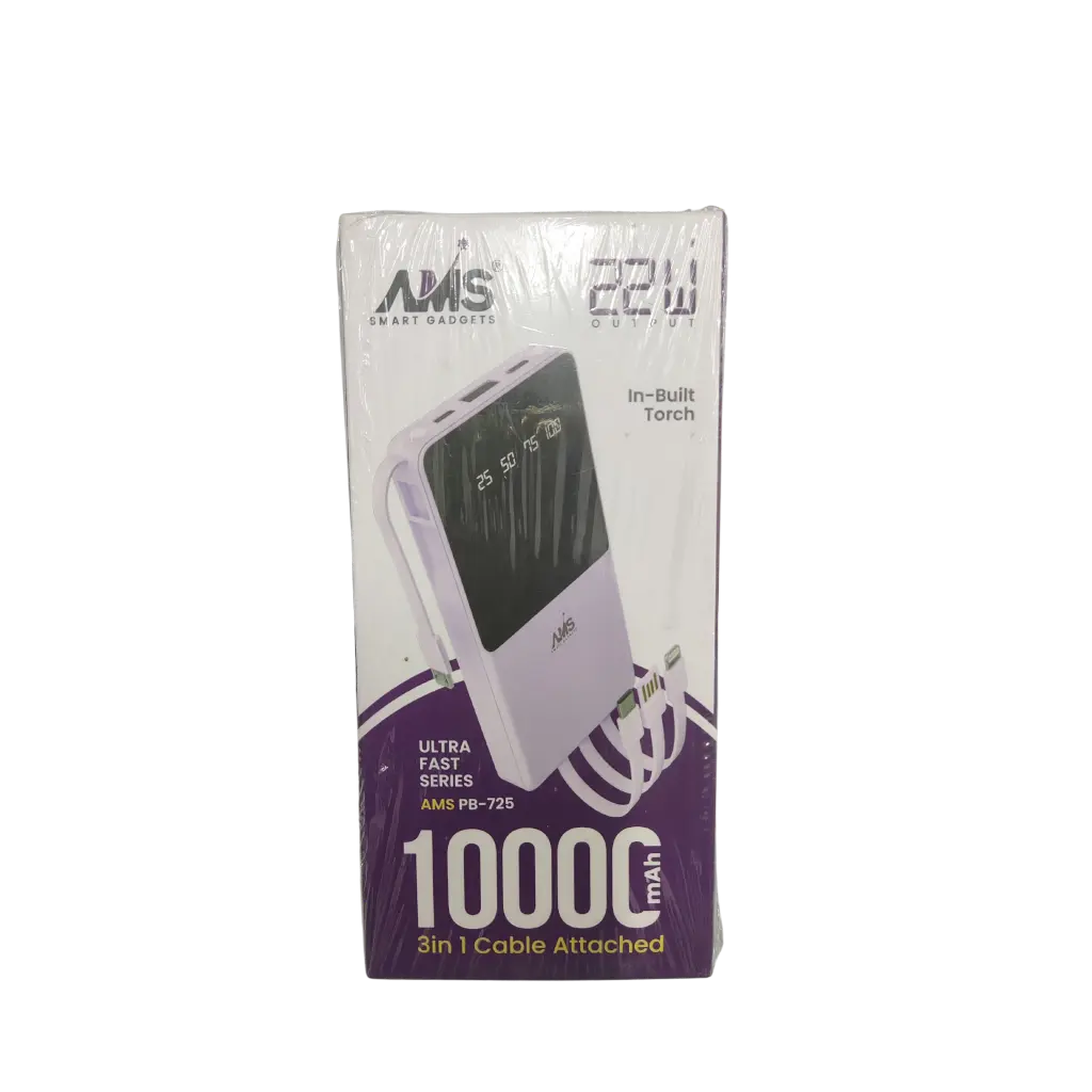 AMS Smart Gadgets 22W In-Built Torch 1000Mah Ultra Fast Series 3in1 Cable Attached