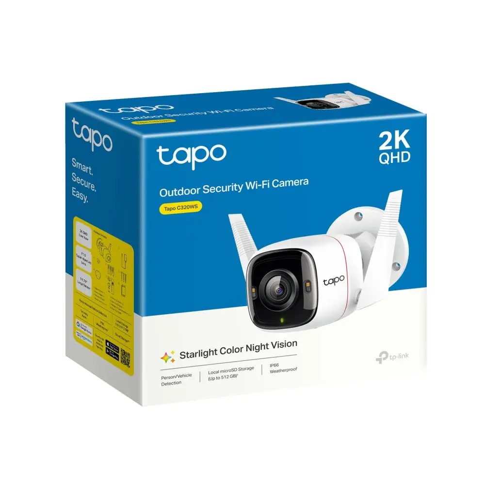 TP-Link 4MP 2K QHD (2560X1440) Outdoor CCTV Security Wi-Fi Smart Camera -Alexa Enabled -Weatherproof -Full Color Starlight Night Vision -2-Way Audio -Up to 256 GB SD Storage - C320Ws- White