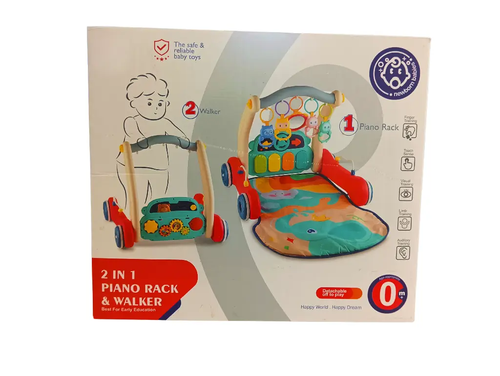 2-in-1 Baby Piano Rack and Walker, Musical Activity Center with Double-Sided Panel, Educational Toy with Lullaby Music, Rotating Gears, 0+ Months