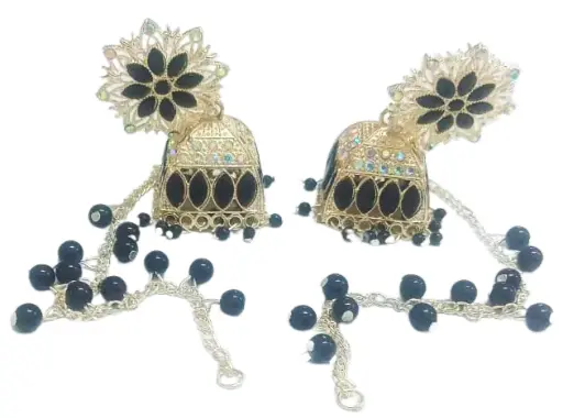 Traditional Jhumka Earrings with Black Beads, Silver-Toned Floral Design