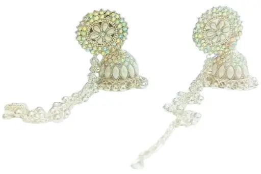 Shizuha Vintage Style Jhumka Earrings Set, Silver Plated, Opal Stone Studded, Traditional Indian Wedding Jewellery