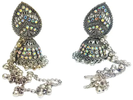 Vintage Style Jhumka Earrings with Aurora Crystals, Antique Silver Finish, Dangling Beads