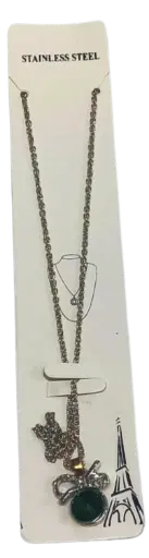 Elegant Green Crystal Pendant Necklace, Silver-Tone Stainless Steel Chain