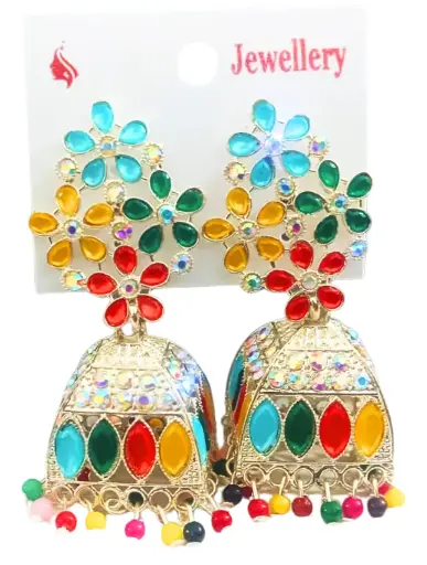 Shizuha Multicolored Floral Jhumka Earrings, Traditional Indian Style, Gold-Toned with Enamel Work and Tiny Beads