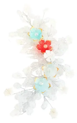 Shizuha Decorative Floral Hair Clip, Crystal Clear Leaves with Red and Blue Flowers, Wedding Hair Accessory