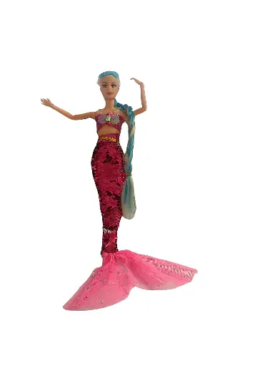 Mermaid Fashion Doll with Blue Hair, Pink Sequin Tail, Underwater Display Box
