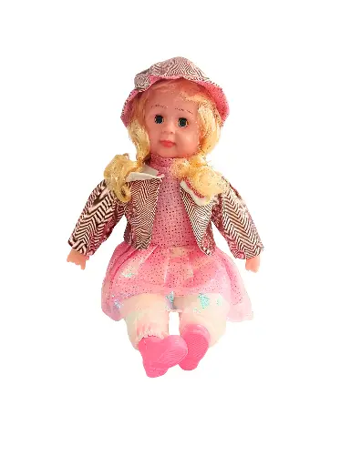 Classic Baby Doll with Pink Dress, Striped Jacket and Sun Hat, Blonde Hair