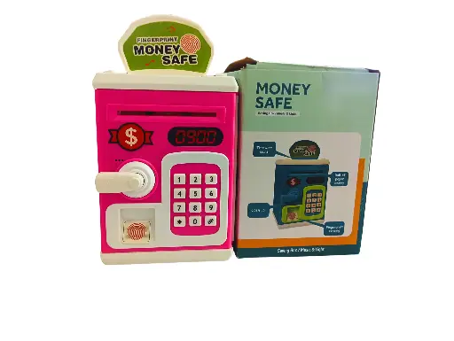Electronic Money Safe Bank for Kids with Fingerprint Lock, Digital Display, Pink and White, Educational Piggy Bank with Keypad, Music and Light
