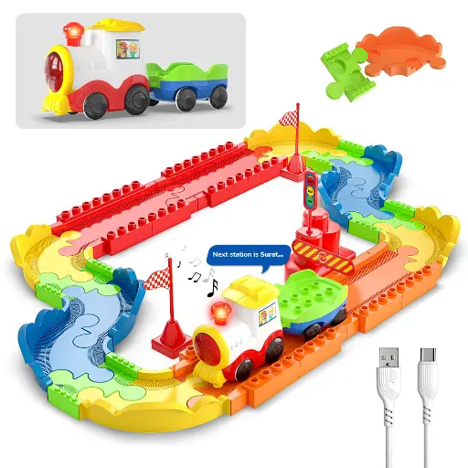 Block Rider Interlocking Train Set with Rechargeable Engine, 47 Pieces, Built-in Speaker, Lights and Sounds, Multiple Track Layouts, 12+ Months
