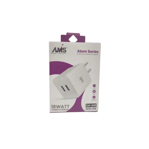 AMS Smart Gadgets Atom Series Ultra Portable Charger 18Watt Power Charegr Dual Usb Fast Charging Smart Chip Temperature Portection