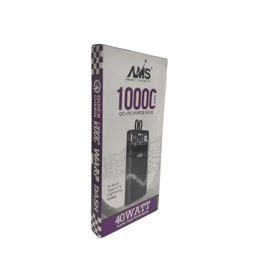 AMS 10000mAh QC+PD Power Bank In-Built Type-c & Lightning Cable 40Watt Super Fast Powerbank