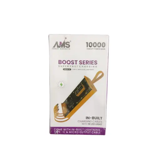 AMS Smart Gadgets Boost Series Super Fast Charging Type-c With Dual Usb Ports In-Built Charging Cables With 10 Led Light Come With In-Built Lightning , Type-c & Micro Output Cable