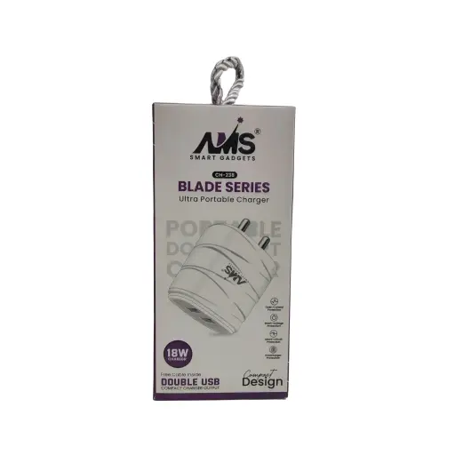 AMS Smart Gadgets Blade Series Ultra Portable Charger 18W Charger Free Cable Inside Double Usb Compact Charger Output Compact Design