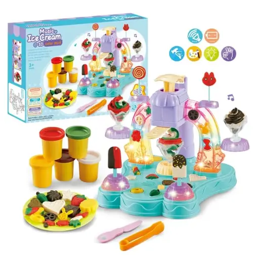 Musical Ice Cream Play Set with 3D Color Modeling Clay, Educational Kitchen Toy with Lights and Sounds, Ages 3+, Includes Play Dough and Accessories